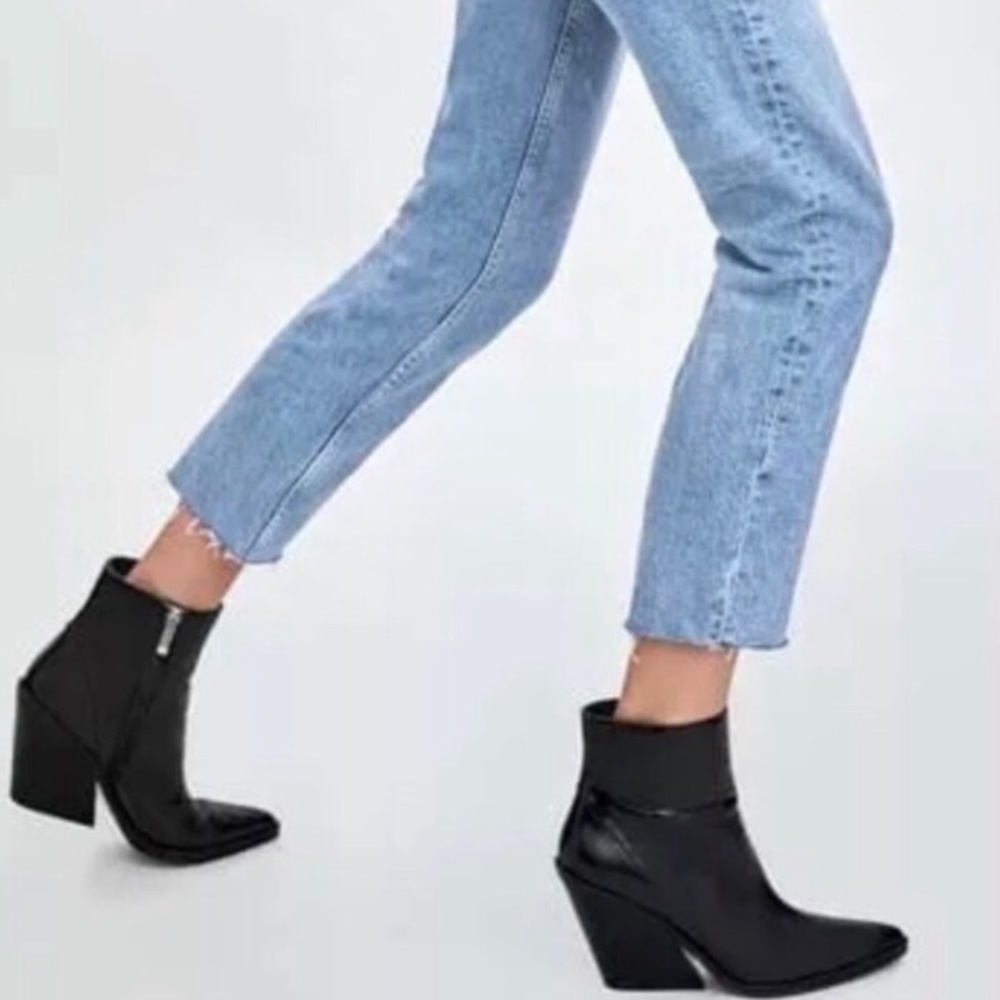 Zara black leather cowboy ankle boot